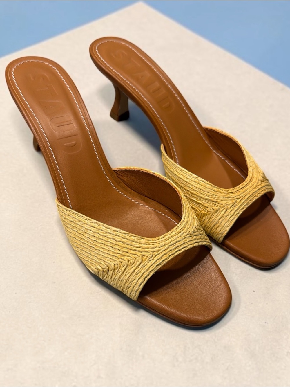 STAUD Yellow Raffia Slide Heel with Brown Leather Footbed